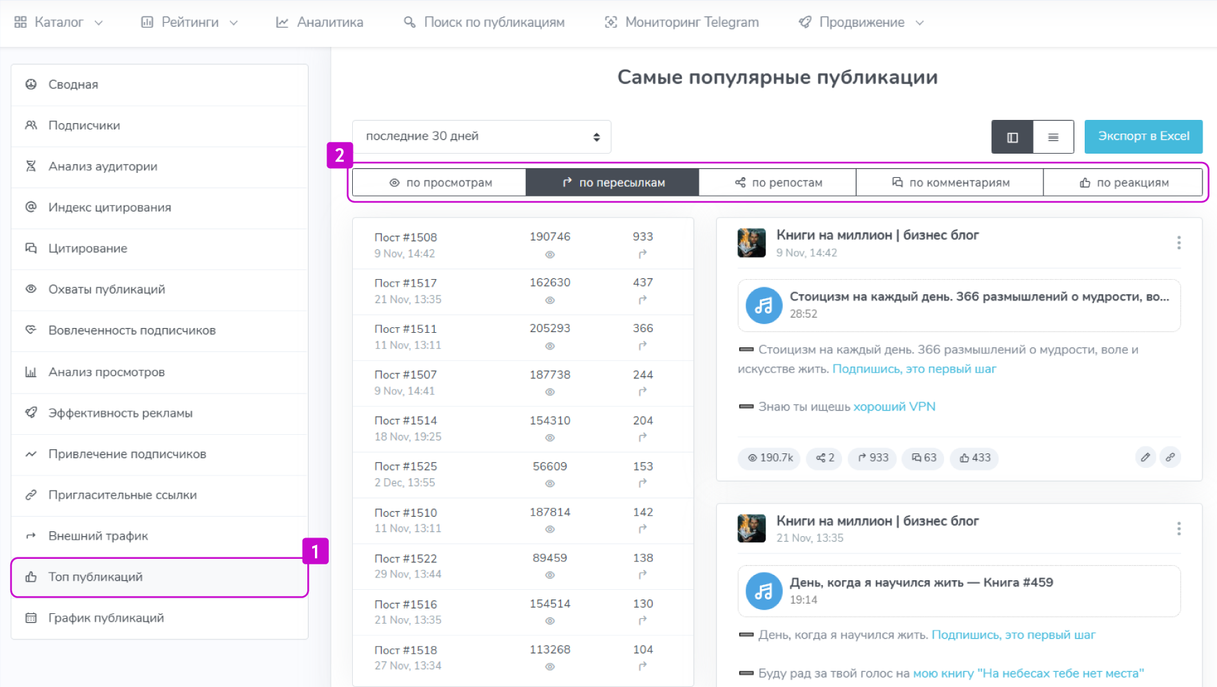 Инструмент «Топ публикаций»